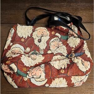 Vintage Tapestry Christmas Santa Handbag Shoulder Tote Purse  12"x12"x4"